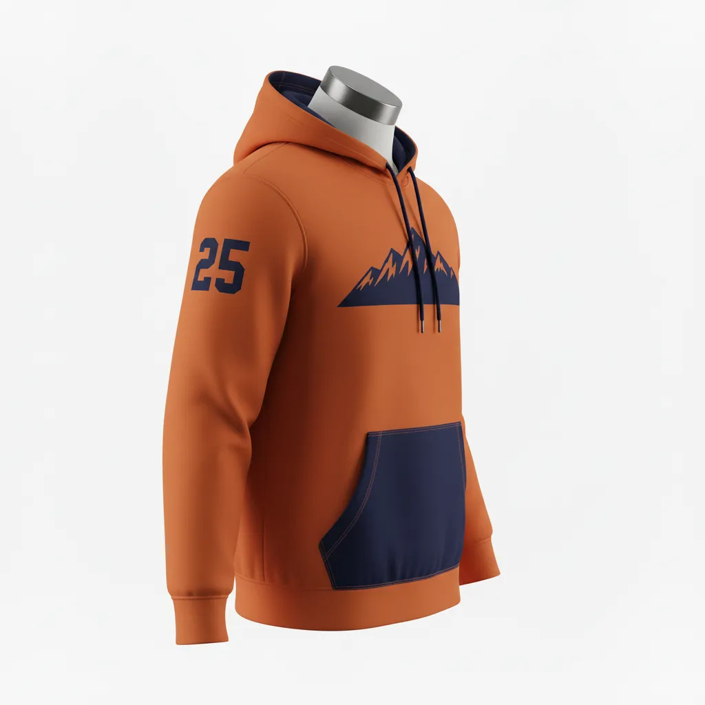 Custom Lacrosse Pullover Hoodie - Burnt, Orange, Navy - Pullover Hoodie Upstate Mountain - Side View - HAMCO Sports Inc.