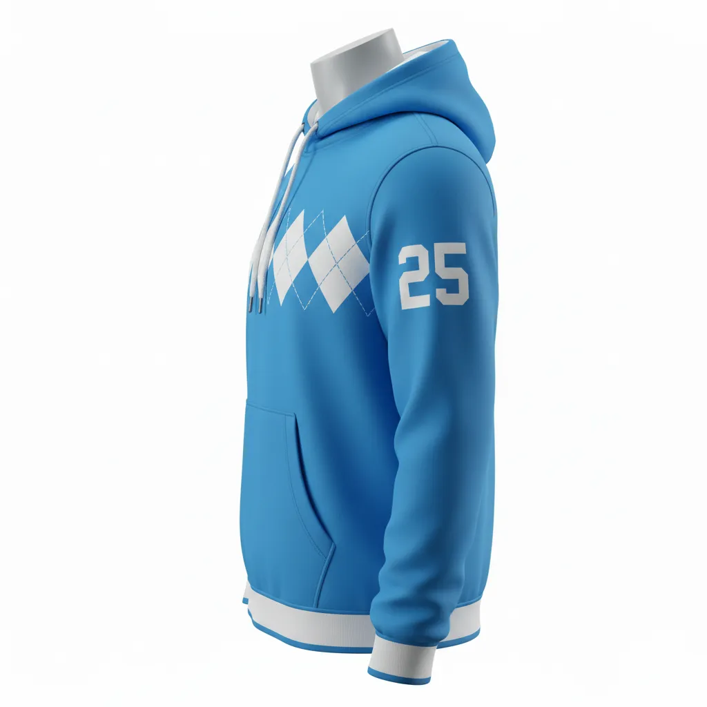 Custom Lacrosse Pullover Hoodie - Blue, White, Blue - Pullover Hoodie Carolina Tar Heel - Side View - HAMCO Sports Inc.