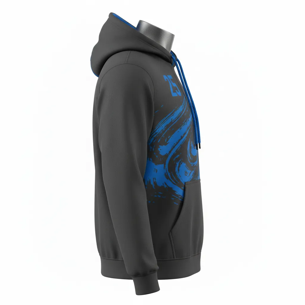 Custom Lacrosse Pullover Hoodie - Blue - Pullover Hoodie Charcoal Electric Cleat Marks Trail - Side View - HAMCO Sports Inc.