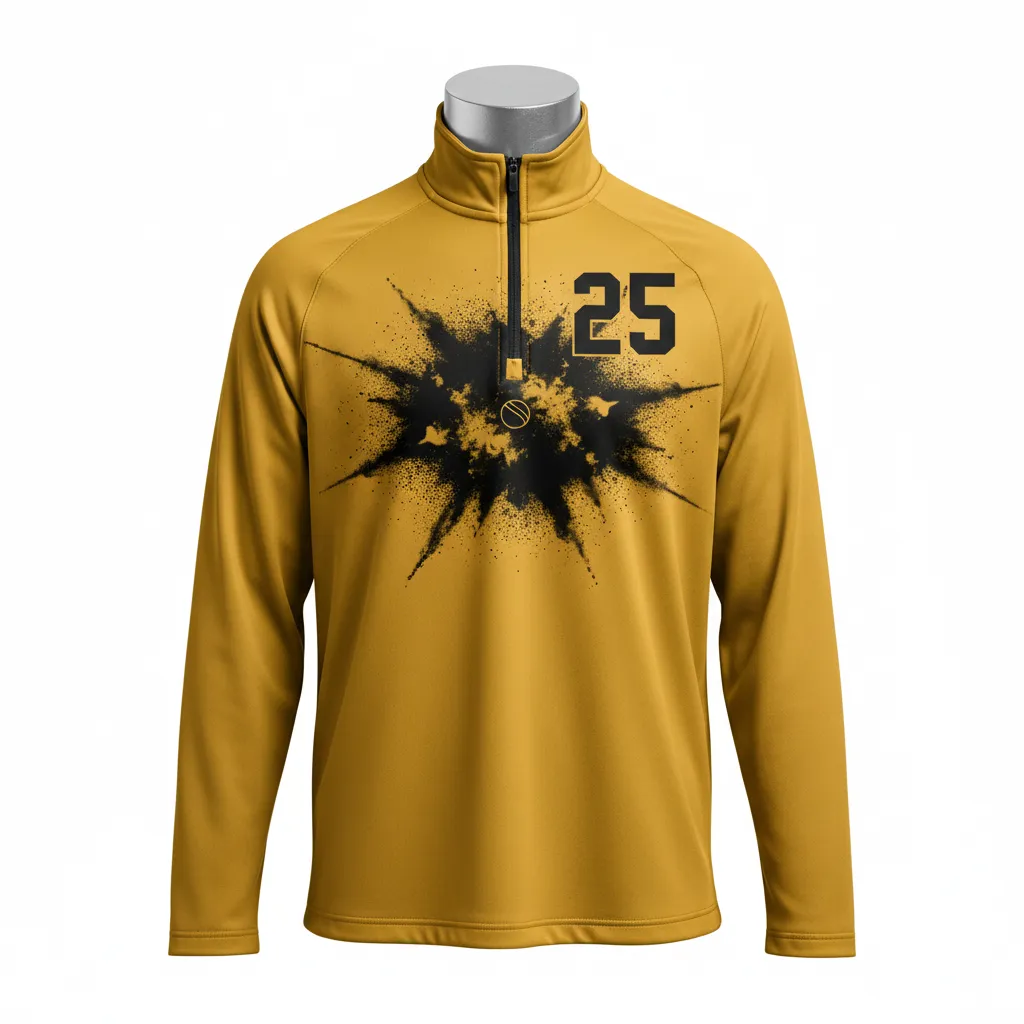 Custom Lacrosse Quarter Zipper Pullover - Gold, Black - Quarter Zip Pullover Athletic Goal Dust Explosion - Front View - HAMCO Sports Inc.