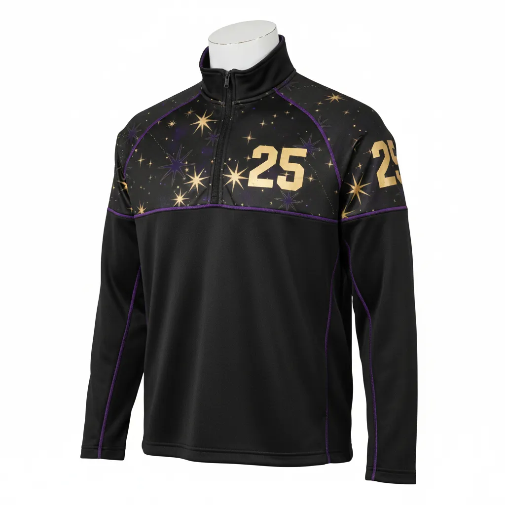 Custom Lacrosse Quarter Zipper Pullover - Black, Gold, Purple - Quarter Zip Pullover Creator S Game Celestial - Front View - HAMCO Sports Inc.