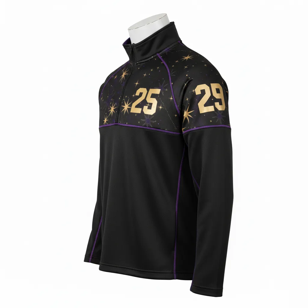 Custom Lacrosse Quarter Zipper Pullover - Black, Gold, Purple - Quarter Zip Pullover Creator S Game Celestial - Side View - HAMCO Sports Inc.