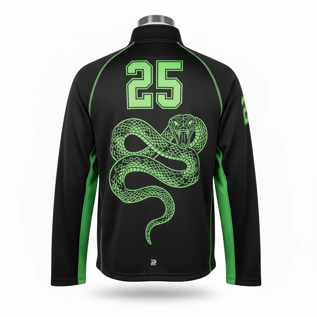Custom Lacrosse Quarter Zipper Pullover - Black, Green - Quarter Zip Pullover Neon Serpent Strike - Back View - HAMCO Sports Inc.