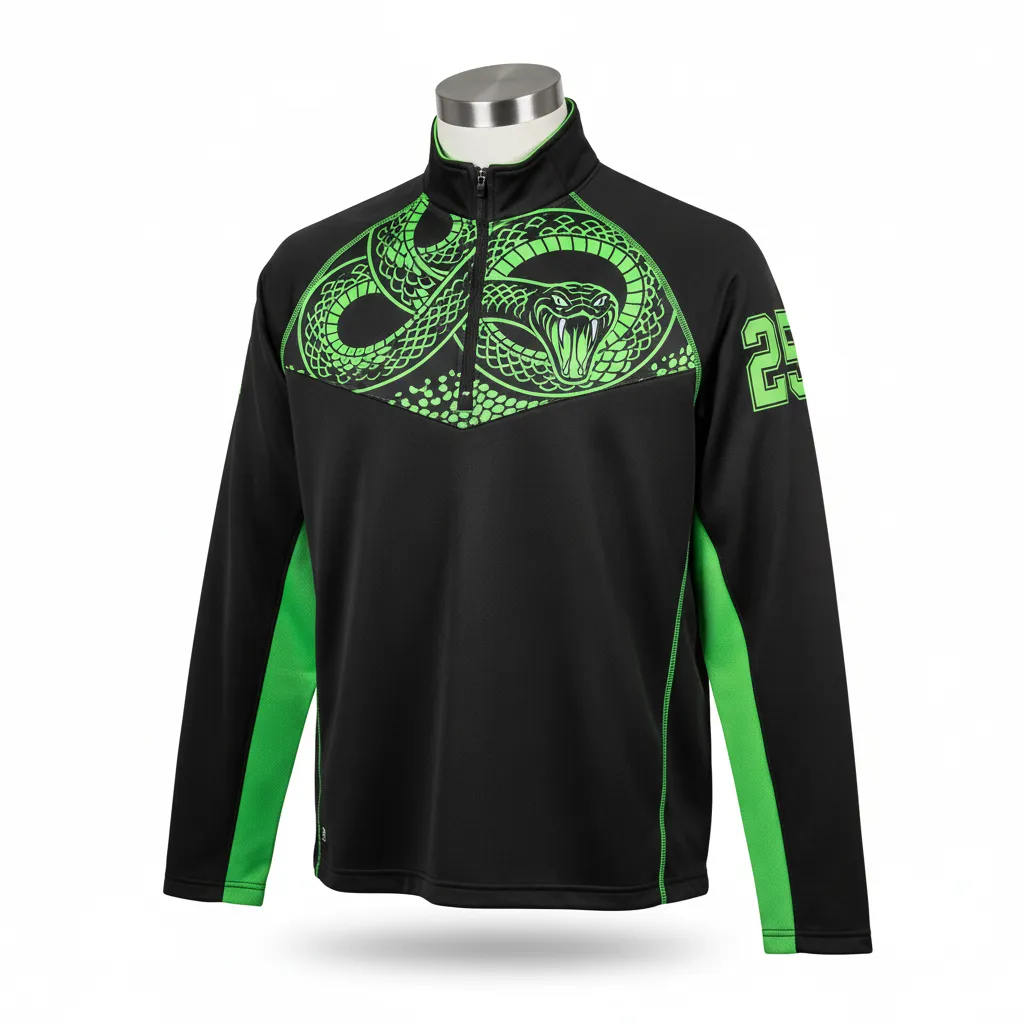 Custom Lacrosse Quarter Zipper Pullover - Black, Green - Quarter Zip Pullover Neon Serpent Strike - Front View - HAMCO Sports Inc.