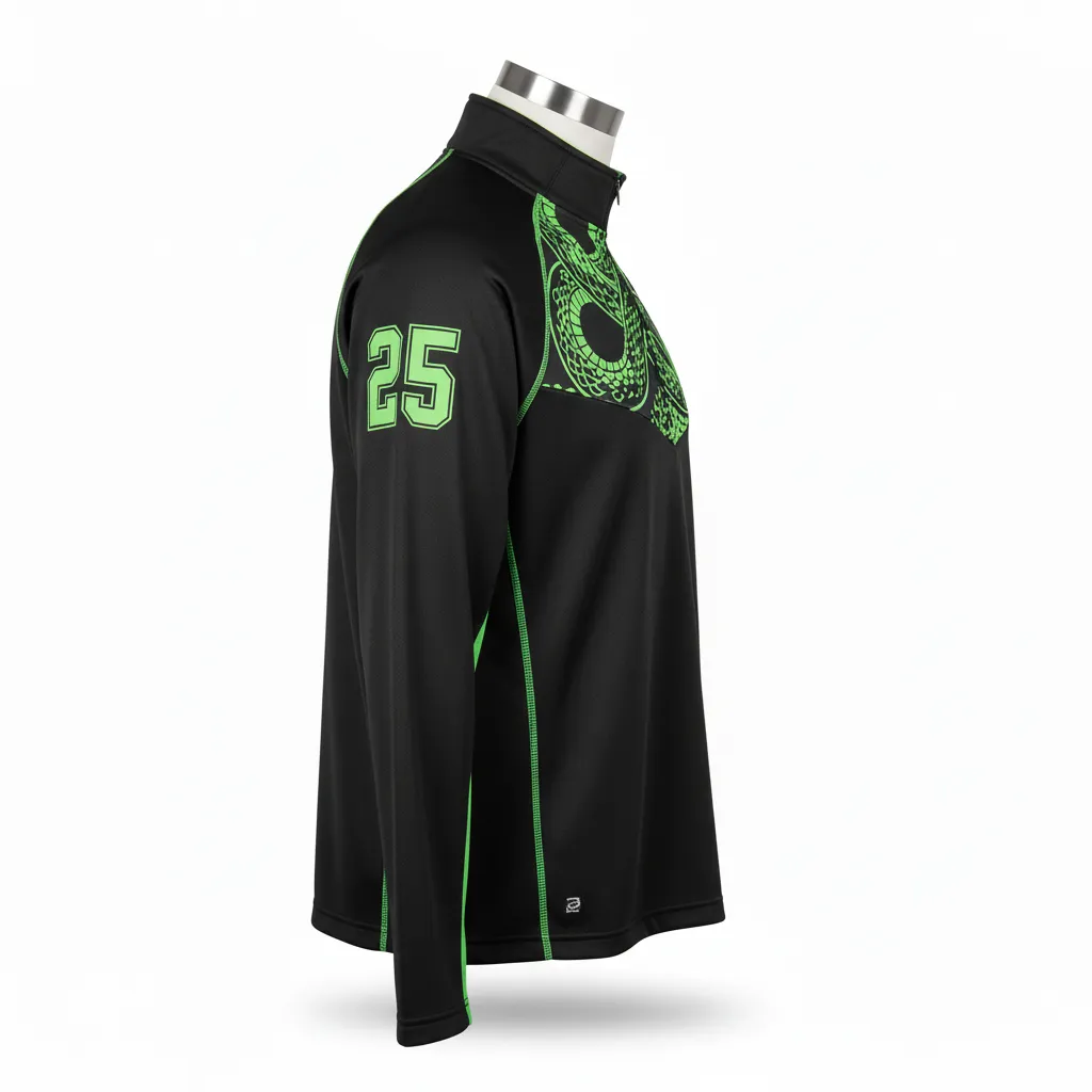 Custom Lacrosse Quarter Zipper Pullover - Black, Green - Quarter Zip Pullover Neon Serpent Strike - Side View - HAMCO Sports Inc.