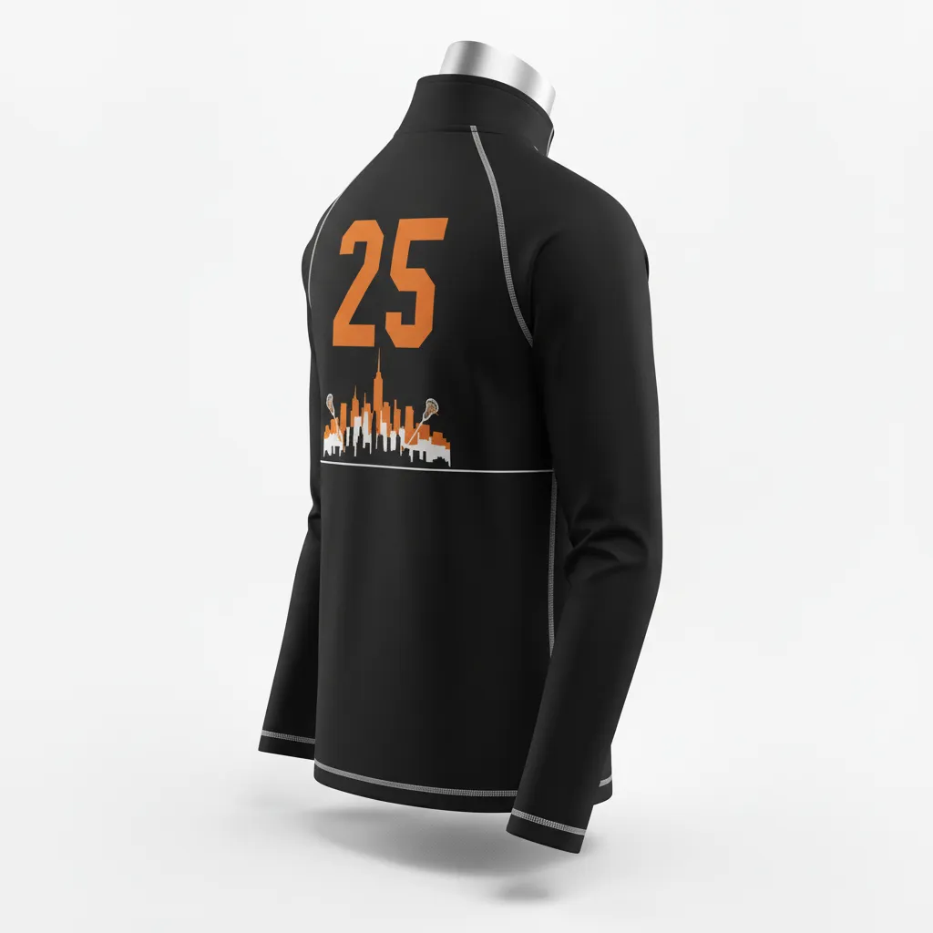 Custom Lacrosse Quarter Zipper Pullover - Black, Orange, White - Quarter Zip Pullover Long Island Strong - Back View - HAMCO Sports Inc.