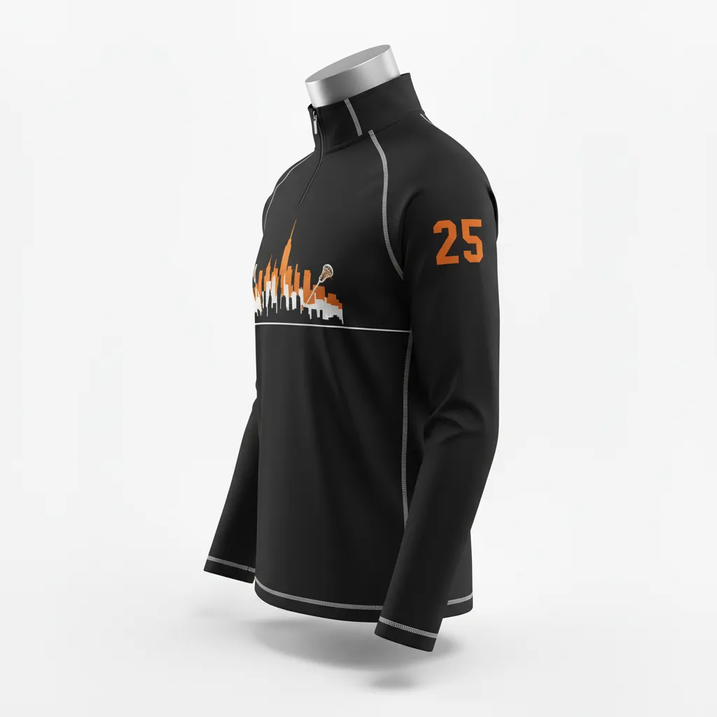 Custom Lacrosse Quarter Zipper Pullover - Black, Orange, White - Quarter Zip Pullover Long Island Strong - Side View - HAMCO Sports Inc.