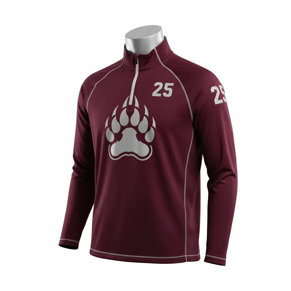 Custom Lacrosse Quarter Zipper Pullover - Burgundy, Silver - Quarter Zip Pullover Bear Clan Strength - Front View - HAMCO Sports Inc.