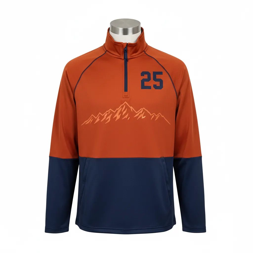 Custom Lacrosse Quarter Zipper Pullover - Burnt, Orange, Navy - Quarter Zip Pullover Upstate Mountain - Front View - HAMCO Sports Inc.