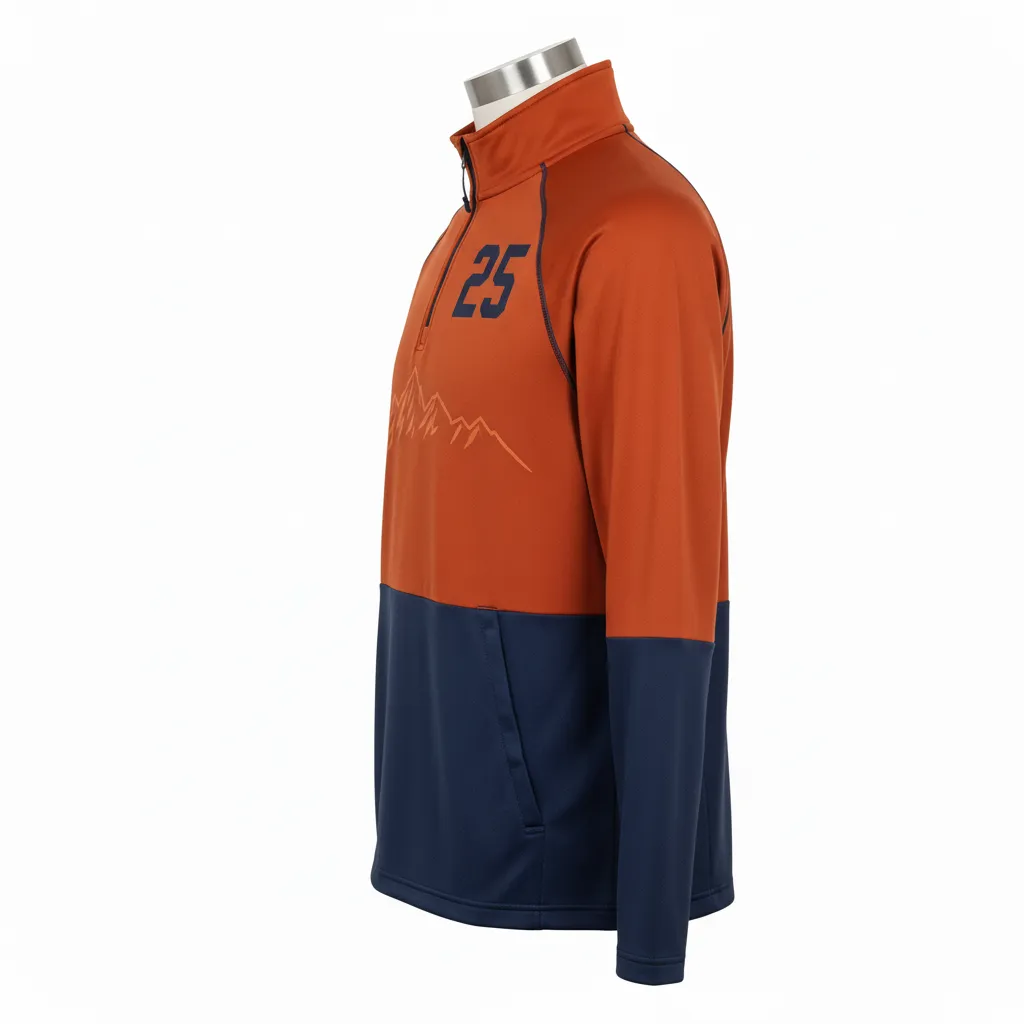 Custom Lacrosse Quarter Zipper Pullover - Burnt, Orange, Navy - Quarter Zip Pullover Upstate Mountain - Side View - HAMCO Sports Inc.