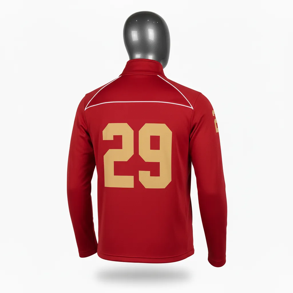 Custom Lacrosse Quarter Zipper Pullover - Red, White - Quarter Zip Pullover Cardinal Thunderbird Spirit - Back View - HAMCO Sports Inc.