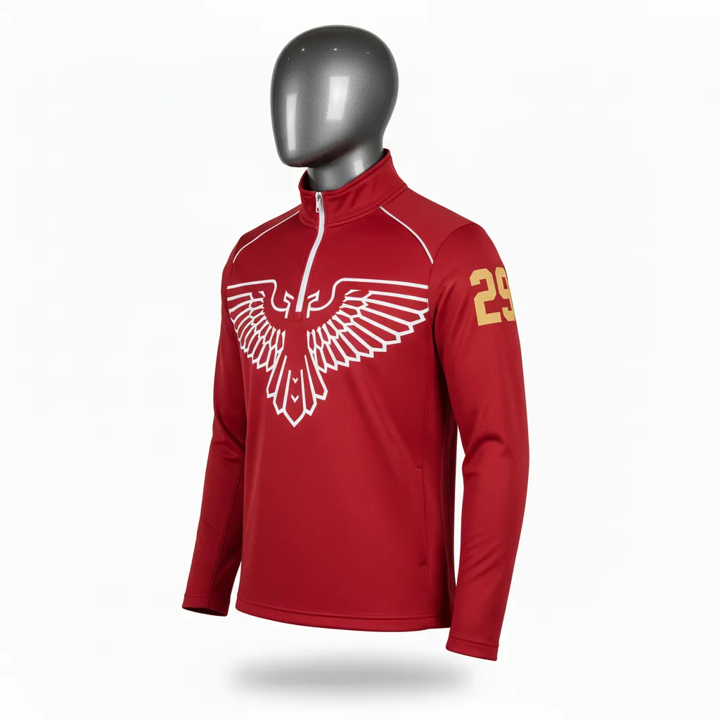 Custom Lacrosse Quarter Zipper Pullover - Red, White - Quarter Zip Pullover Cardinal Thunderbird Spirit - Front View - HAMCO Sports Inc.