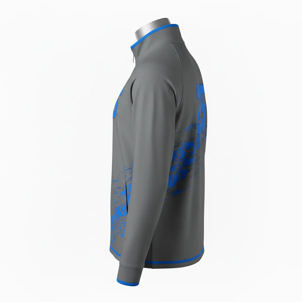 Custom Lacrosse Quarter Zipper Pullover - Blue - Quarter Zip Pullover Charcoal Electric Cleat Marks Trail - Side View - HAMCO Sports Inc.
