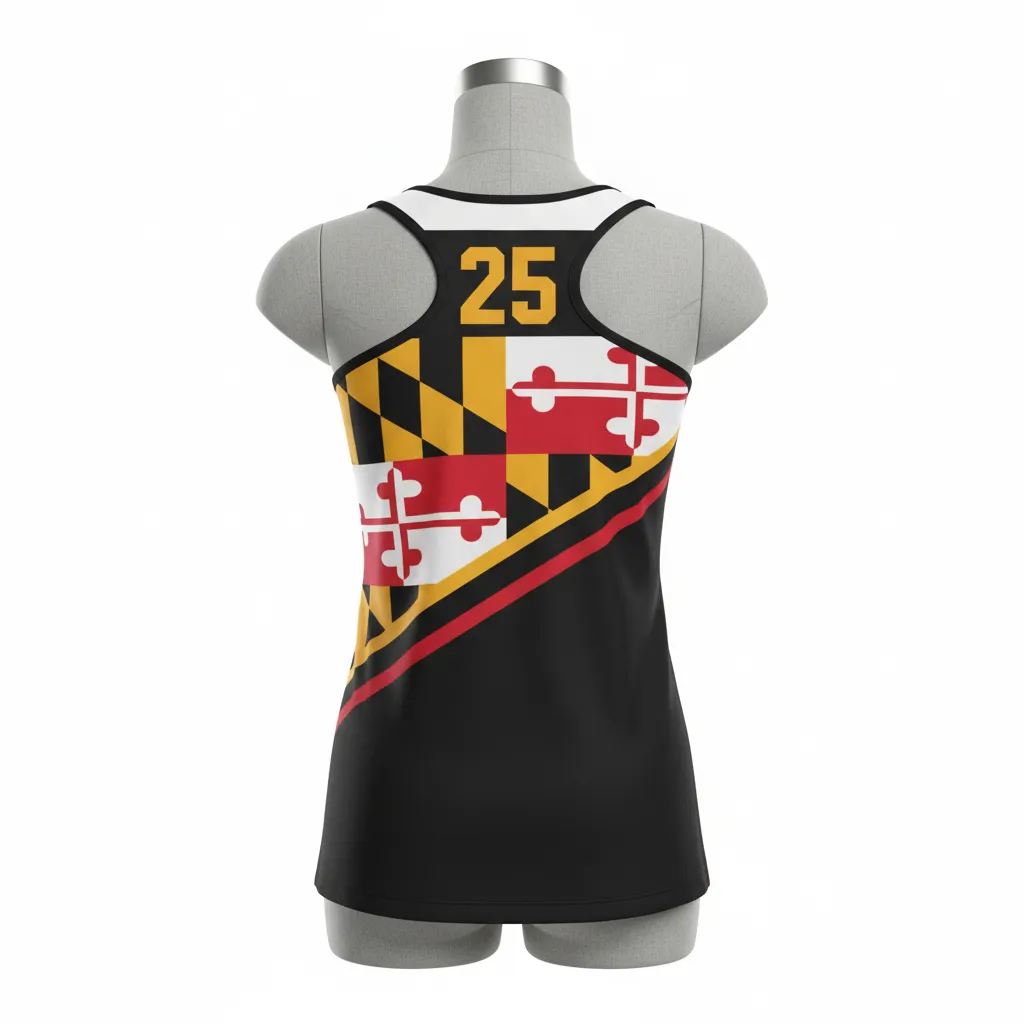 Custom Lacrosse Racerback Lacrosse Tank - Black, Red, Gold - Women S Racerback Tank Maryland Pride - Front View - HAMCO Sports Inc.