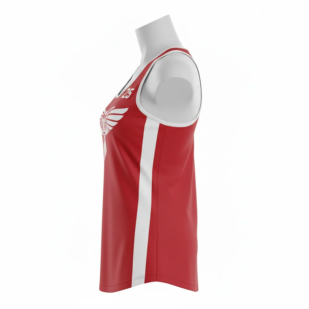 Custom Lacrosse Racerback Lacrosse Tank - Red, White - Women S Racerback Tank Cardinal Thunderbird Spirit - Side View - HAMCO Sports Inc.