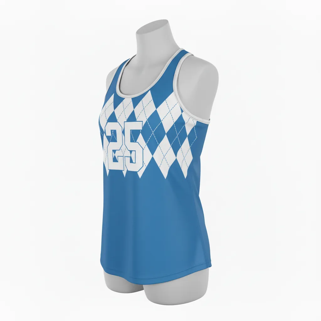 Custom Lacrosse Racerback Lacrosse Tank - Blue, White, Blue - Women S Racerback Tank Carolina Tar Heel - Side View - HAMCO Sports Inc.