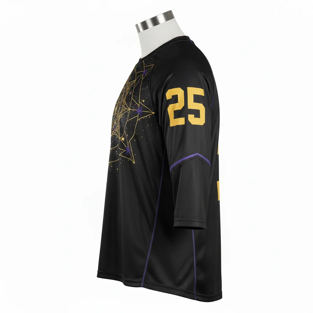 Custom Lacrosse Shooting Shirt - Black, Gold, Purple - Shooting Shirt Creator S Game Celestial - Side View - HAMCO Sports Inc.