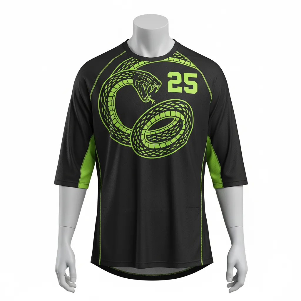 Custom Lacrosse Shooting Shirt - Black, Green - Shooting Shirt Neon Serpent Strike - Front View - HAMCO Sports Inc.