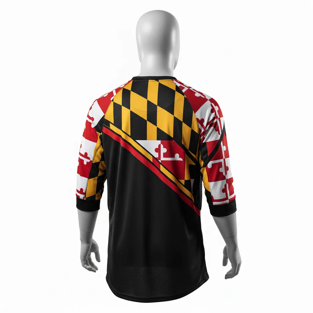 Custom Lacrosse Shooting Shirt - Black, Red, Gold - Shooting Shirt Maryland Pride - Back View - HAMCO Sports Inc.