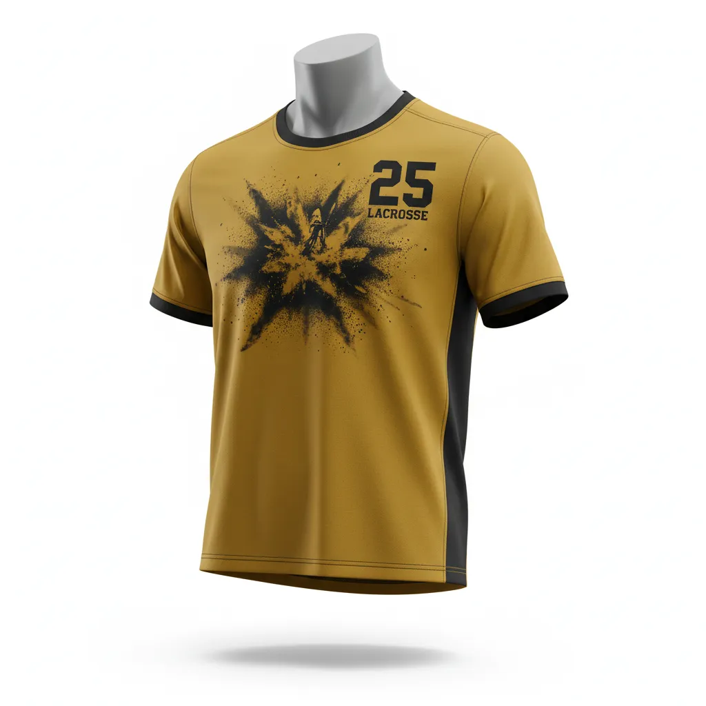 Custom Lacrosse Short Sleeve T Shirt - Gold, Black - Short Sleeve T Shirt Athletic Goal Dust Explosion - Front View - HAMCO Sports Inc.