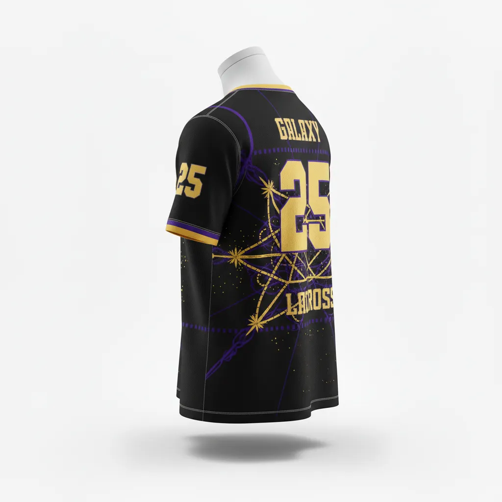 Custom Lacrosse Short Sleeve T Shirt - Black, Gold, Purple - Short Sleeve T Shirt Creator S Game Celestial - Back View - HAMCO Sports Inc.