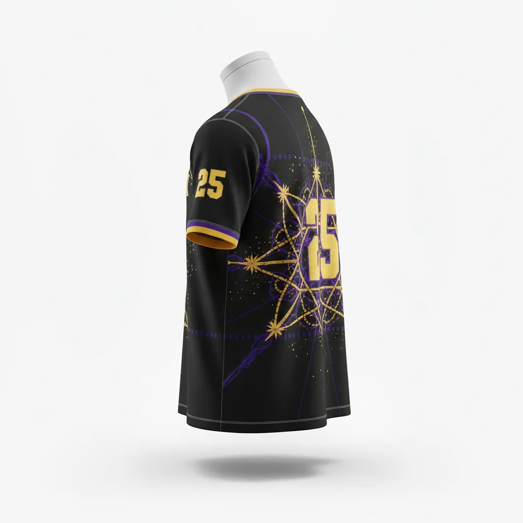 Custom Lacrosse Short Sleeve T Shirt - Black, Gold, Purple - Short Sleeve T Shirt Creator S Game Celestial - Front View - HAMCO Sports Inc.