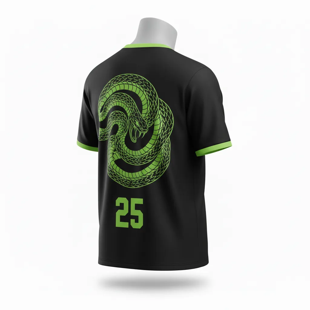 Custom Lacrosse Short Sleeve T Shirt - Black, Green - Short Sleeve T Shirt Neon Serpent Strike - Back View - HAMCO Sports Inc.