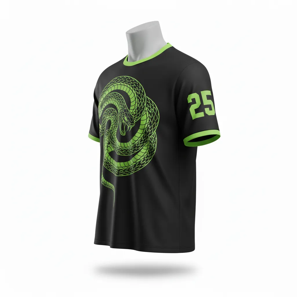 Custom Lacrosse Short Sleeve T Shirt - Black, Green - Short Sleeve T Shirt Neon Serpent Strike - Side View - HAMCO Sports Inc.