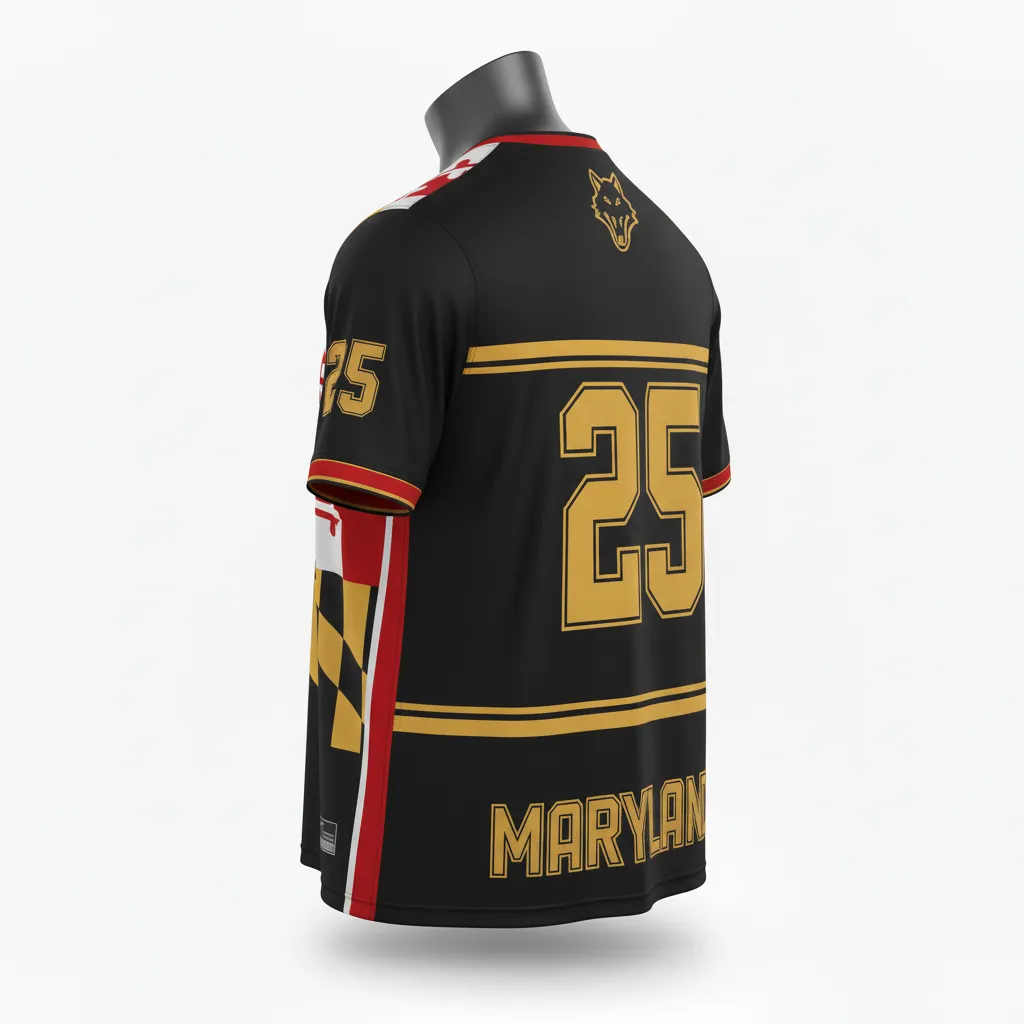 Custom Lacrosse Short Sleeve T Shirt - Black, Red, Gold - Short Sleeve T Shirt Maryland Pride - Back View - HAMCO Sports Inc.