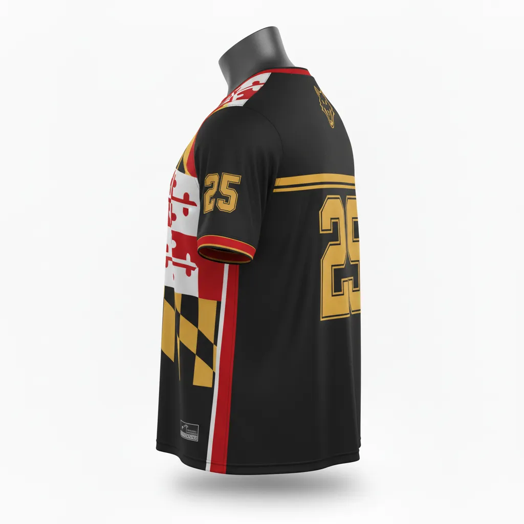 Custom Lacrosse Short Sleeve T Shirt - Black, Red, Gold - Short Sleeve T Shirt Maryland Pride - Front View - HAMCO Sports Inc.