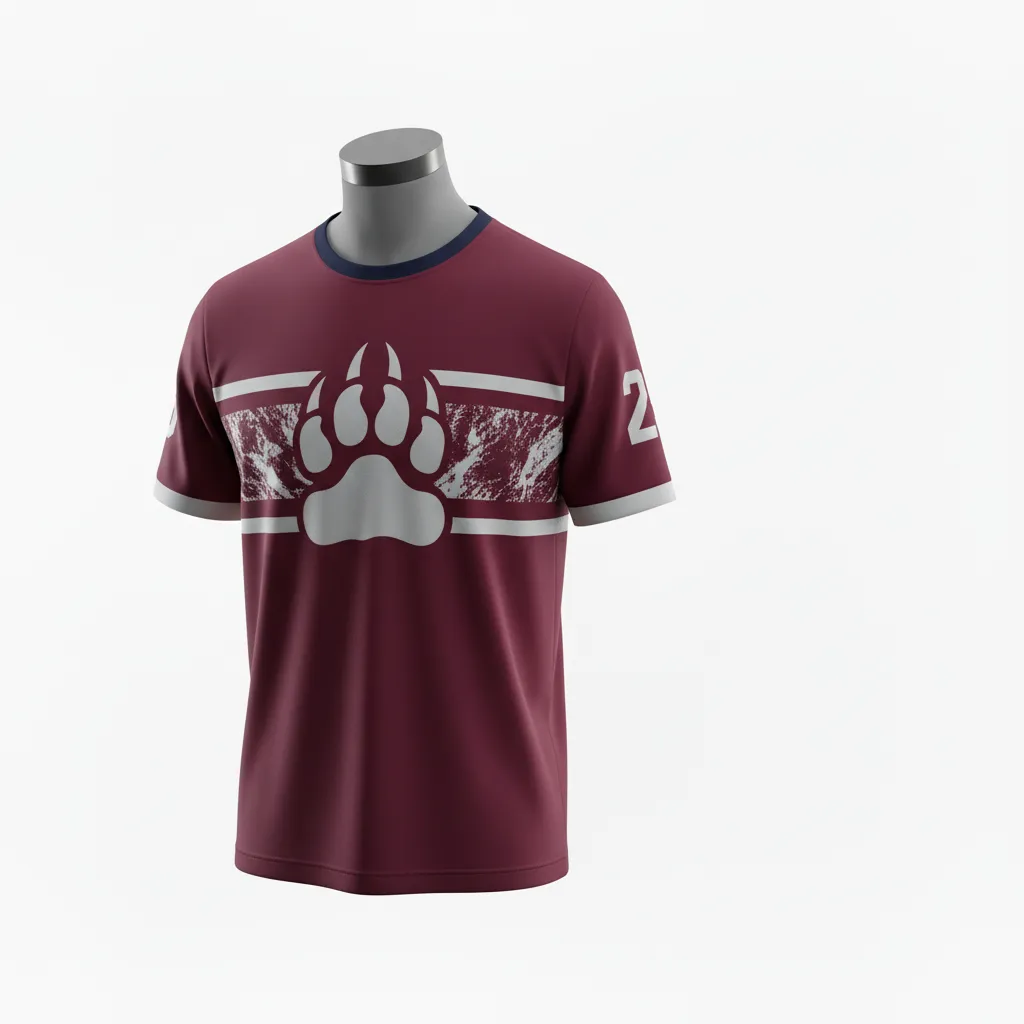 Custom Lacrosse Short Sleeve T Shirt - Burgundy, Silver - Short Sleeve T Shirt Bear Clan Strength - Front View - HAMCO Sports Inc.