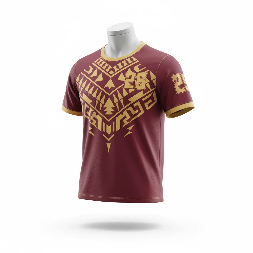 Custom Lacrosse Short Sleeve T Shirt - Burgundy, Gold - Short Sleeve T Shirt Vegas Tribal Clash - Front View - HAMCO Sports Inc.
