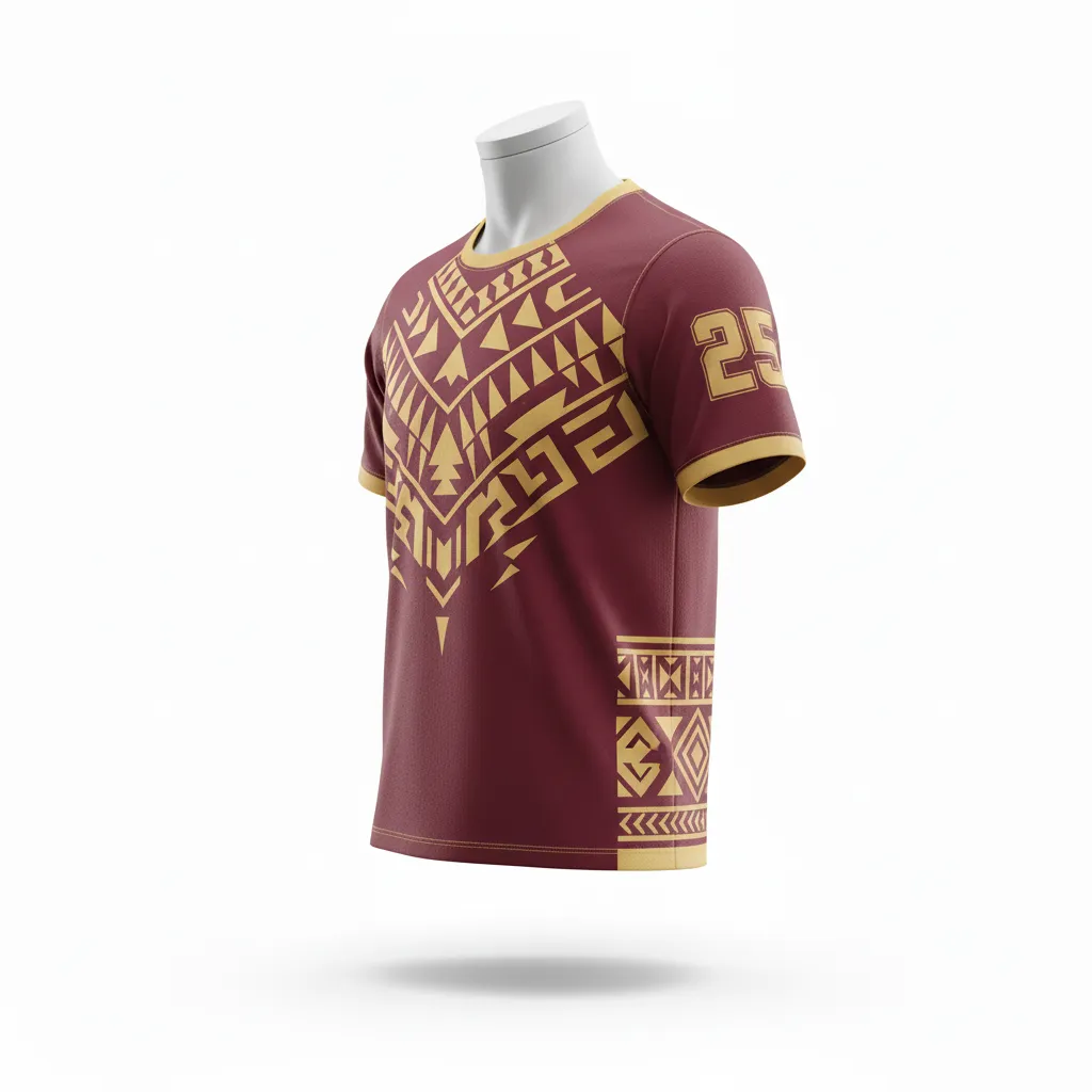 Custom Lacrosse Short Sleeve T Shirt - Burgundy, Gold - Short Sleeve T Shirt Vegas Tribal Clash - Side View - HAMCO Sports Inc.