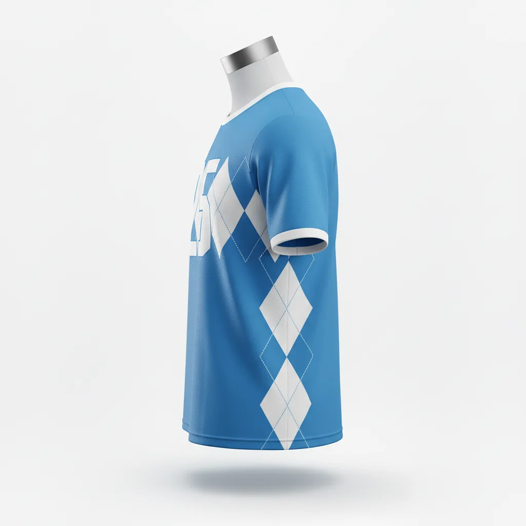 Custom Lacrosse Short Sleeve T Shirt - Blue, White, Blue - Short Sleeve T Shirt Carolina Tar Heel - Side View - HAMCO Sports Inc.