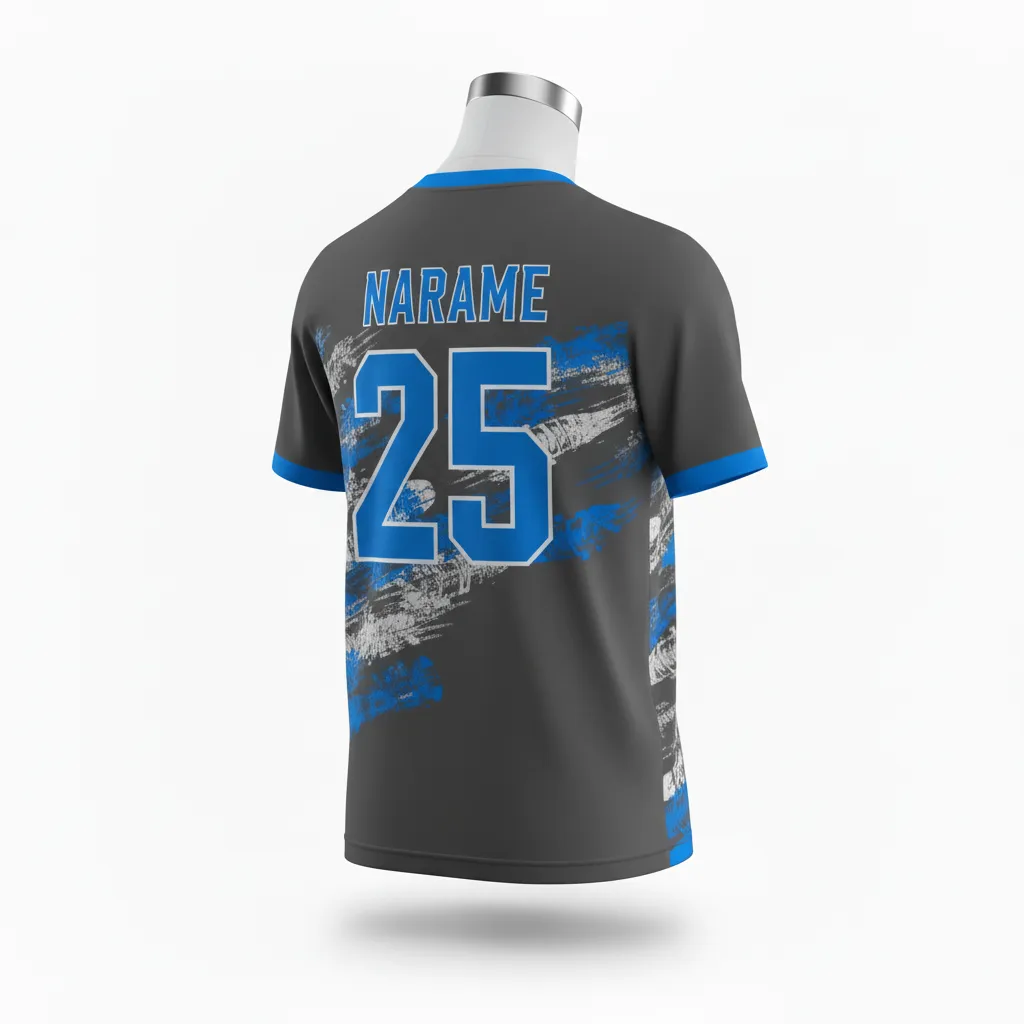 Custom Lacrosse Short Sleeve T Shirt - Blue - Short Sleeve T Shirt Charcoal Electric Cleat Marks Trail - Back View - HAMCO Sports Inc.