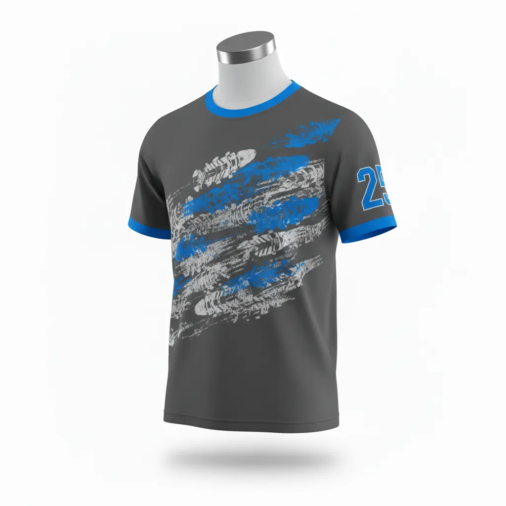 Custom Lacrosse Short Sleeve T Shirt - Blue - Short Sleeve T Shirt Charcoal Electric Cleat Marks Trail - Front View - HAMCO Sports Inc.