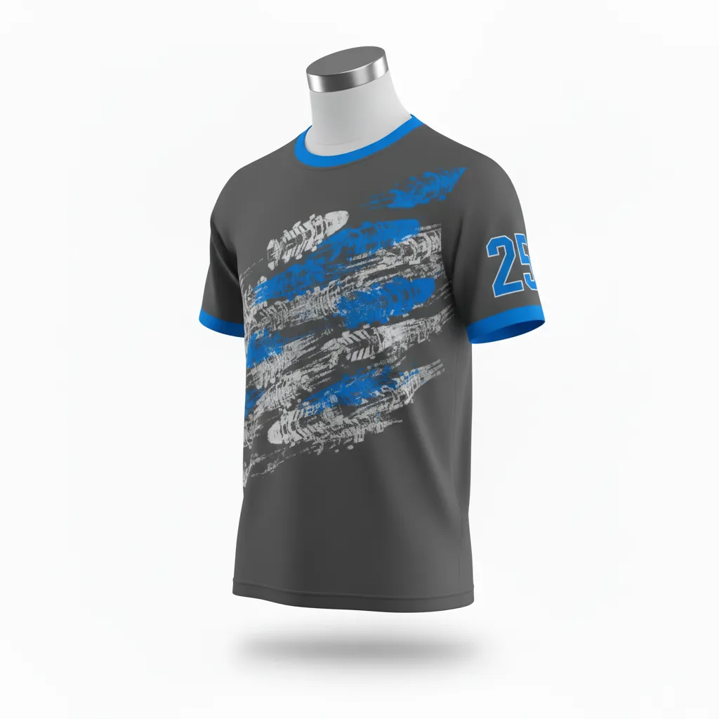 Custom Lacrosse Short Sleeve T Shirt - Blue - Short Sleeve T Shirt Charcoal Electric Cleat Marks Trail - Side View - HAMCO Sports Inc.