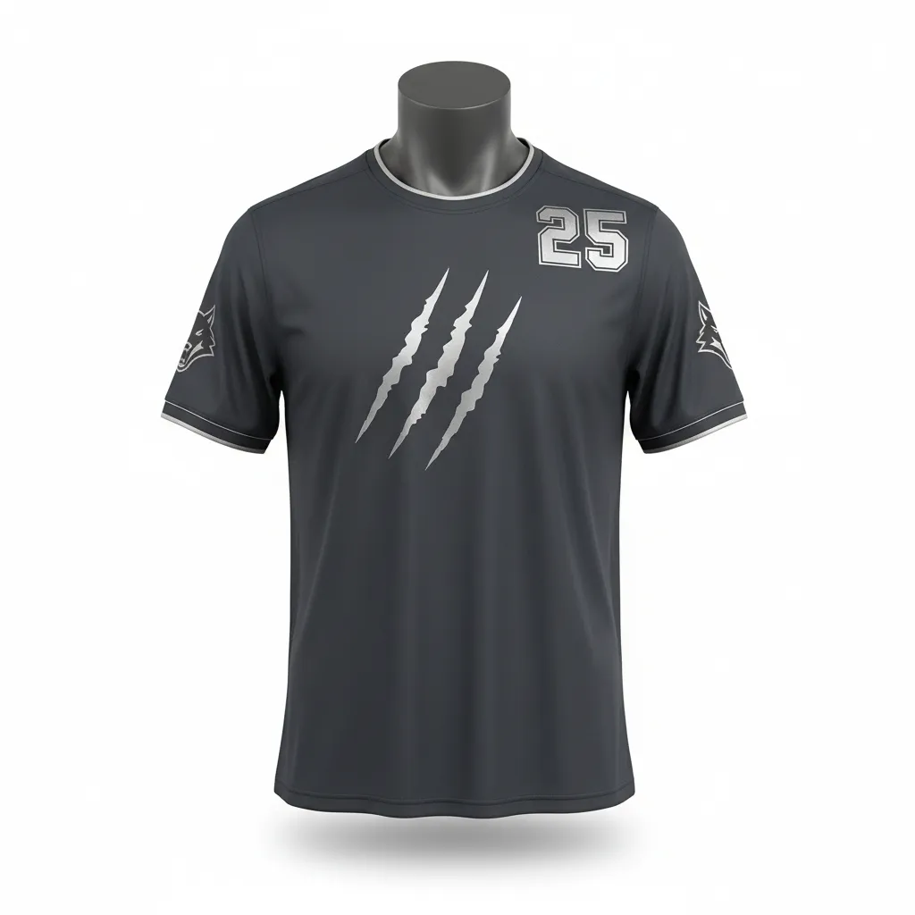 Custom Lacrosse Short Sleeve T Shirt - Grey, Silver - Short Sleeve T Shirt Charcoal Wolf Pack Hunt - Front View - HAMCO Sports Inc.