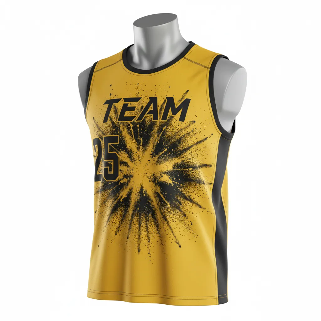 Custom Lacrosse Sleeveless Lacrosse Jersey - Gold, Black - Sleeveless Jersey Athletic Goal Dust Explosion - Front View - HAMCO Sports Inc.