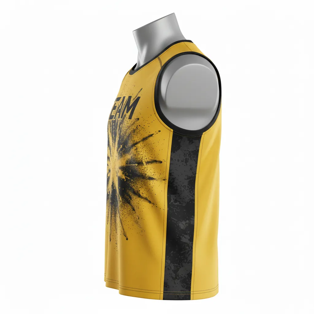 Custom Lacrosse Sleeveless Lacrosse Jersey - Gold, Black - Sleeveless Jersey Athletic Goal Dust Explosion - Side View - HAMCO Sports Inc.