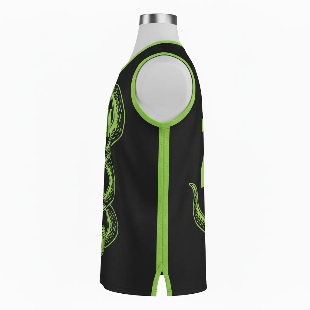 Custom Lacrosse Sleeveless Lacrosse Jersey - Black, Green - Sleeveless Jersey Neon Serpent Strike - Side View - HAMCO Sports Inc.