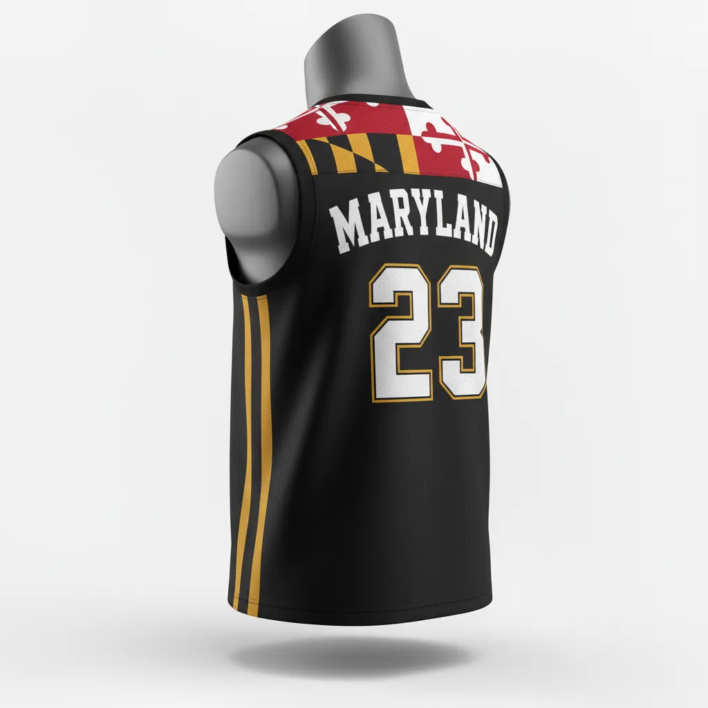 Custom Lacrosse Sleeveless Lacrosse Jersey - Black, Red, Gold - Sleeveless Jersey Maryland Pride - Back View - HAMCO Sports Inc.