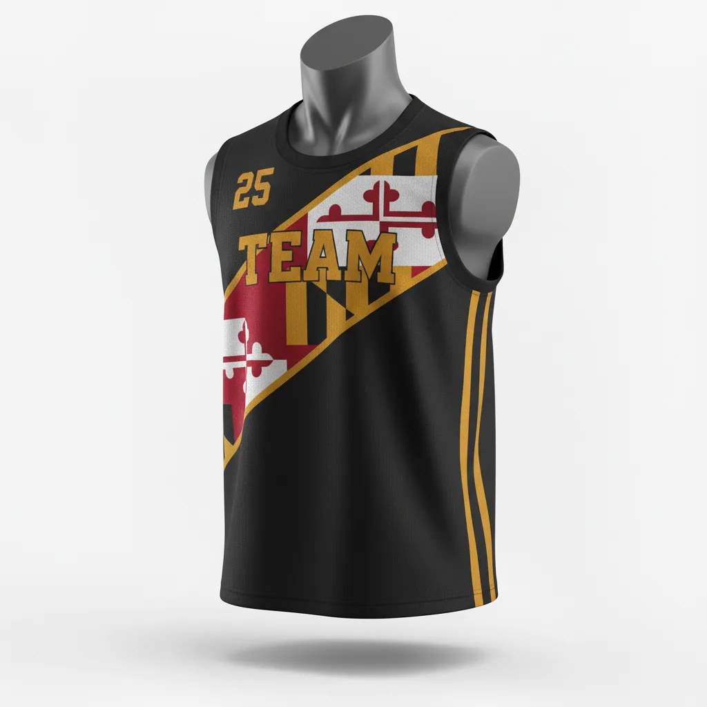 Custom Lacrosse Sleeveless Lacrosse Jersey - Black, Red, Gold - Sleeveless Jersey Maryland Pride - Front View - HAMCO Sports Inc.