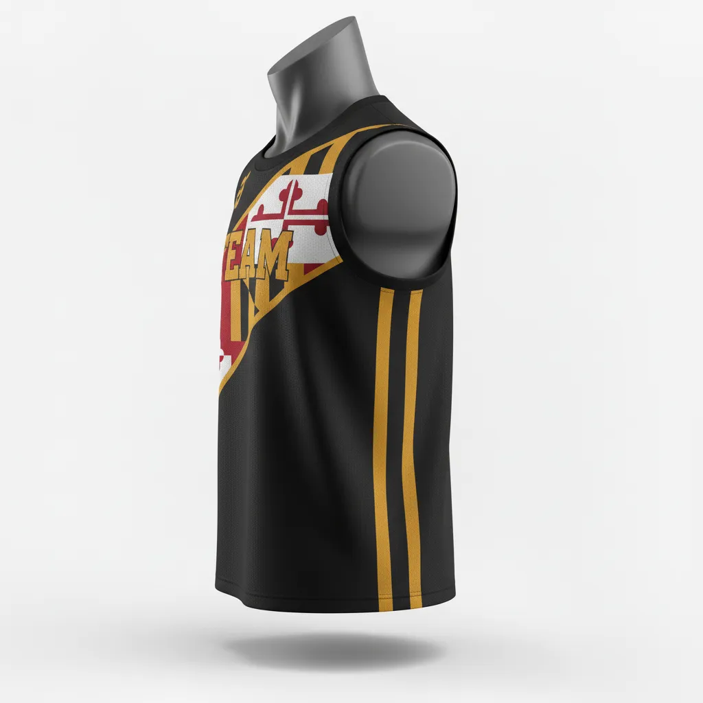 Custom Lacrosse Sleeveless Lacrosse Jersey - Black, Red, Gold - Sleeveless Jersey Maryland Pride - Side View - HAMCO Sports Inc.