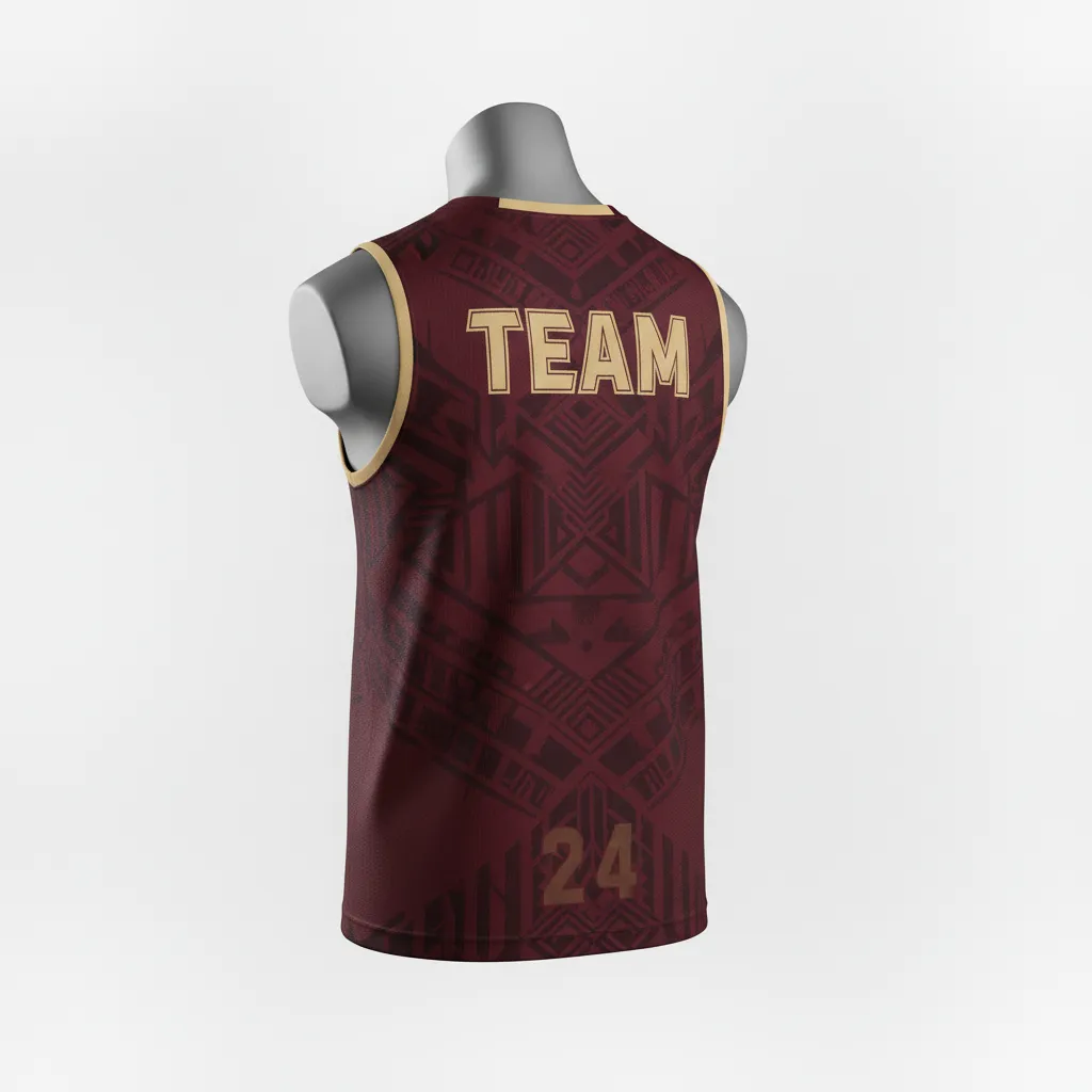 Custom Lacrosse Sleeveless Lacrosse Jersey - Burgundy, Gold - Sleeveless Jersey Vegas Tribal Clash - Back View - HAMCO Sports Inc.