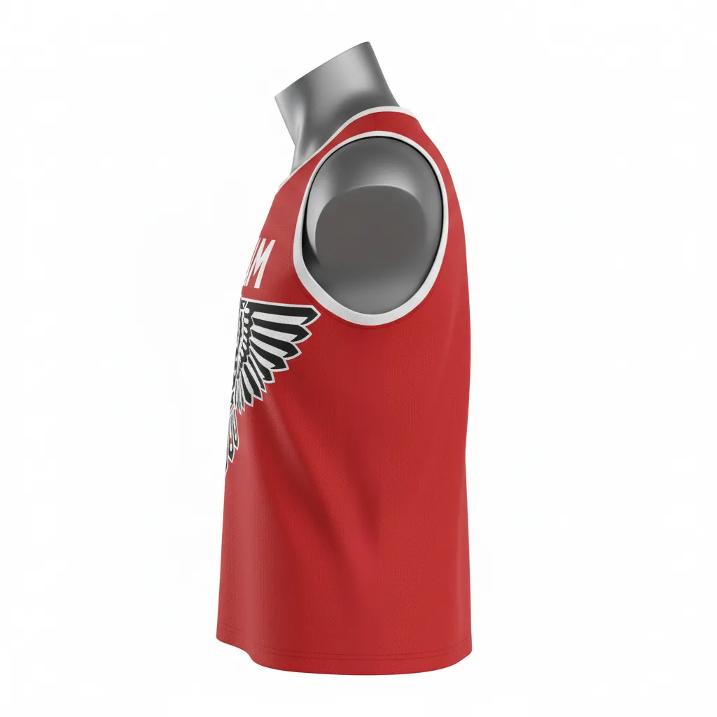 Custom Lacrosse Sleeveless Lacrosse Jersey - Red, White - Sleeveless Jersey Cardinal Thunderbird Spirit - Side View - HAMCO Sports Inc.