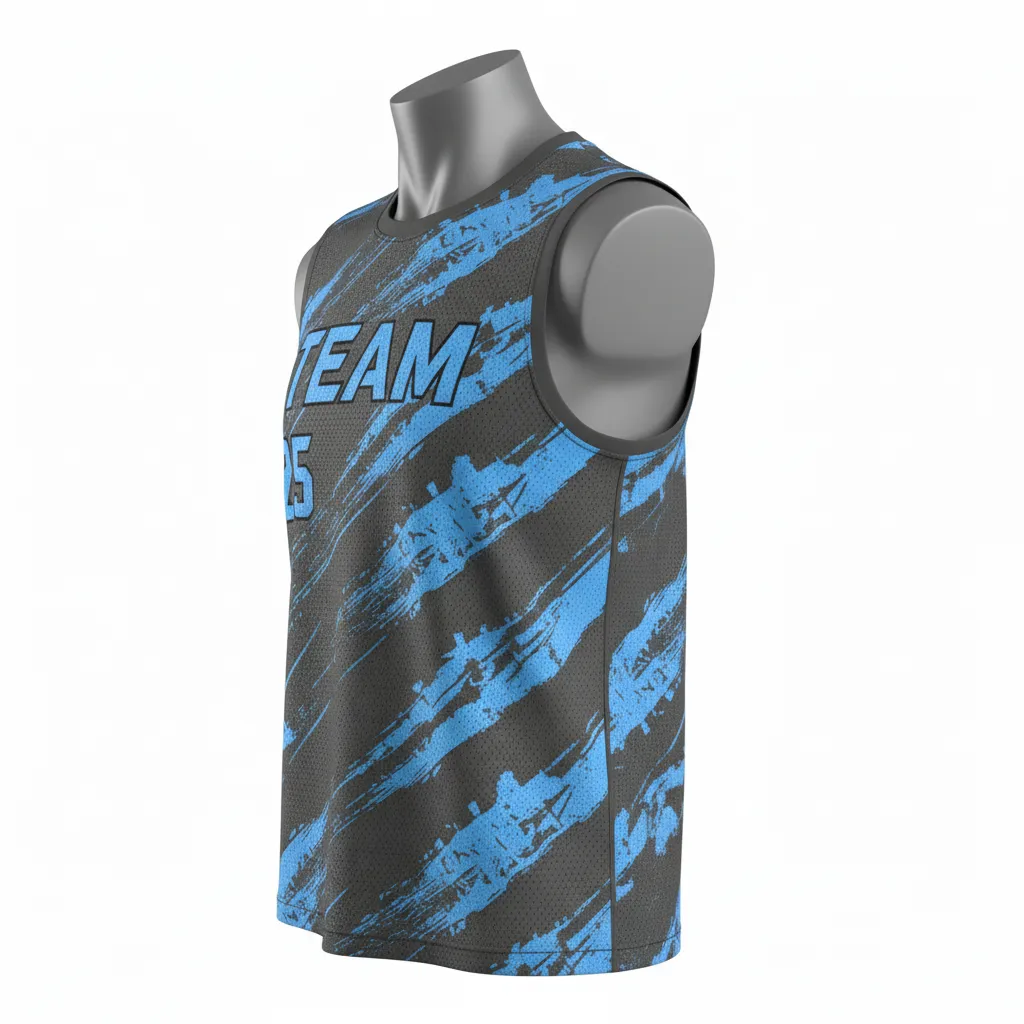 Custom Lacrosse Sleeveless Lacrosse Jersey - Blue - Sleeveless Jersey Charcoal Electric Cleat Marks Trail - Side View - HAMCO Sports Inc.