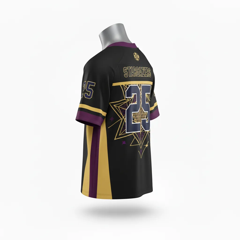 Custom Lacrosse Standard Lacrosse Jersey - Black, Gold, Purple - Standard Jersey V Neck Creator S Game Celestial - Front View - HAMCO Sports Inc.