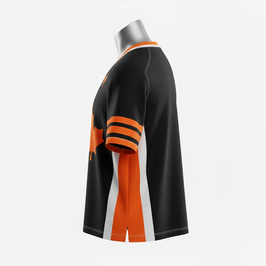 Custom Lacrosse Standard Lacrosse Jersey - Black, Orange, White - Standard Jersey V Neck Long Island Strong - Side View - HAMCO Sports Inc.