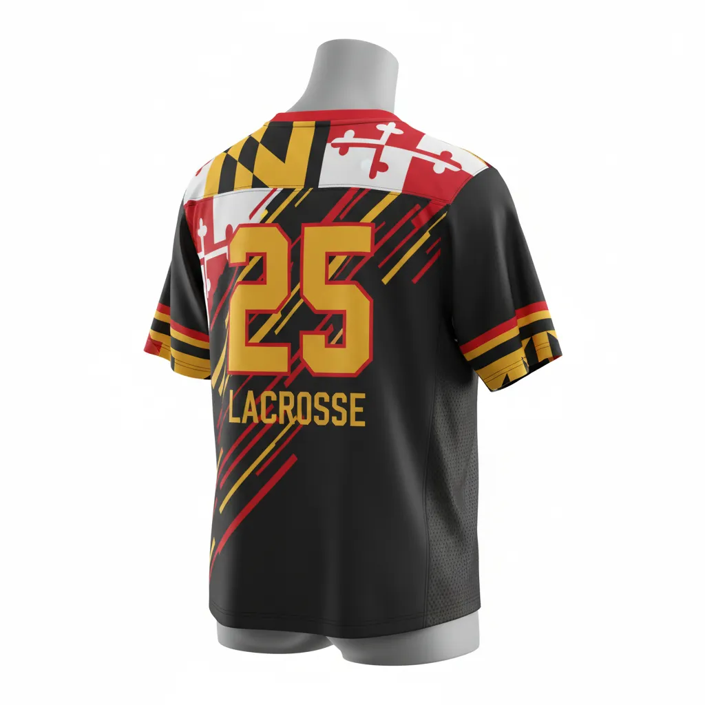 Custom Lacrosse Standard Lacrosse Jersey - Black, Red, Gold - Standard Jersey V Neck Maryland Pride - Front View - HAMCO Sports Inc.
